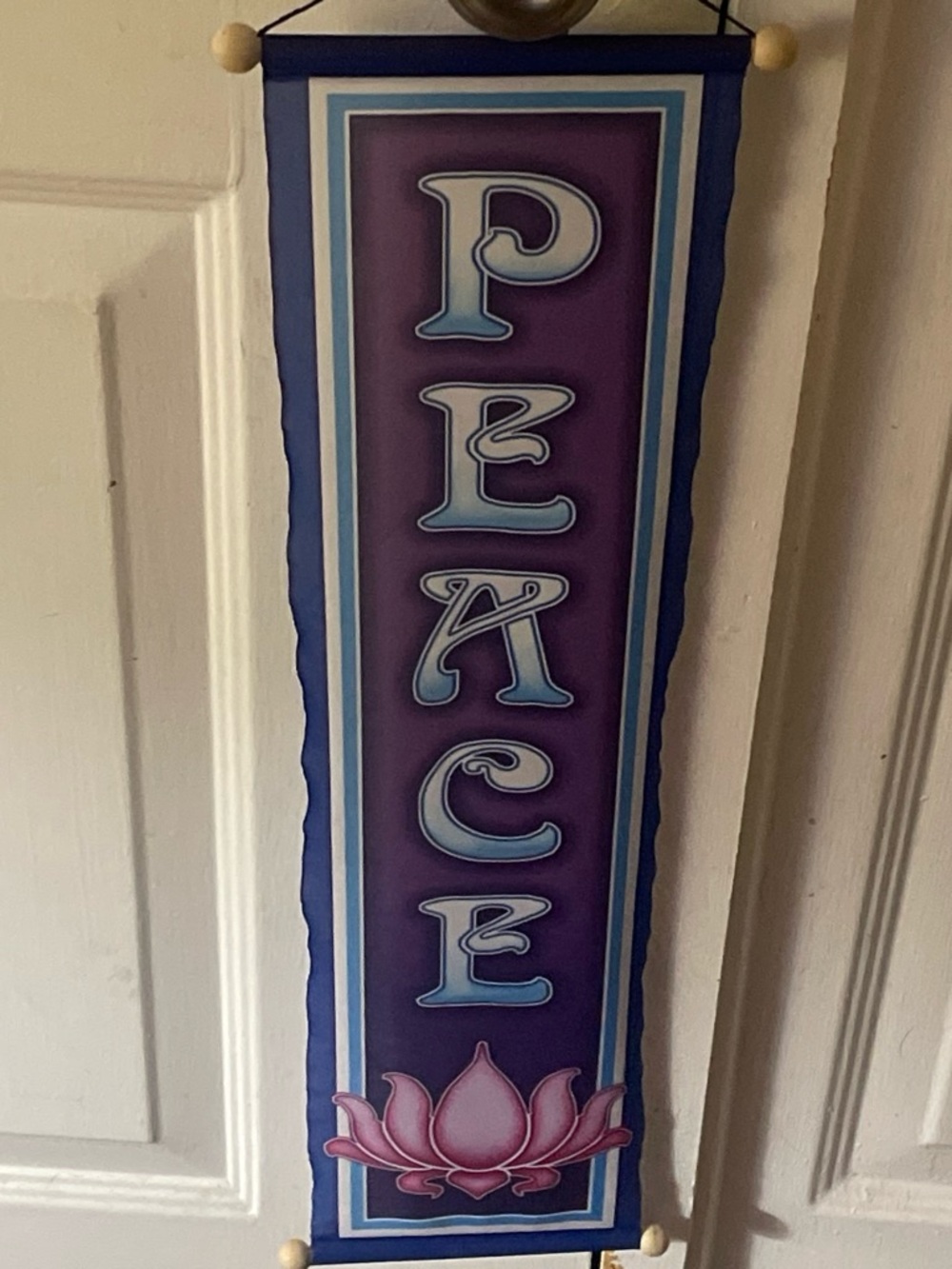 PEACE Vertical Wall Banner or door hanger in Purple and Blue with pink lotus